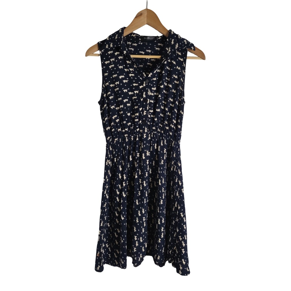 Pandora Navy Cat Print Button Front Elastic Waist Dress M Quirky Whimsical